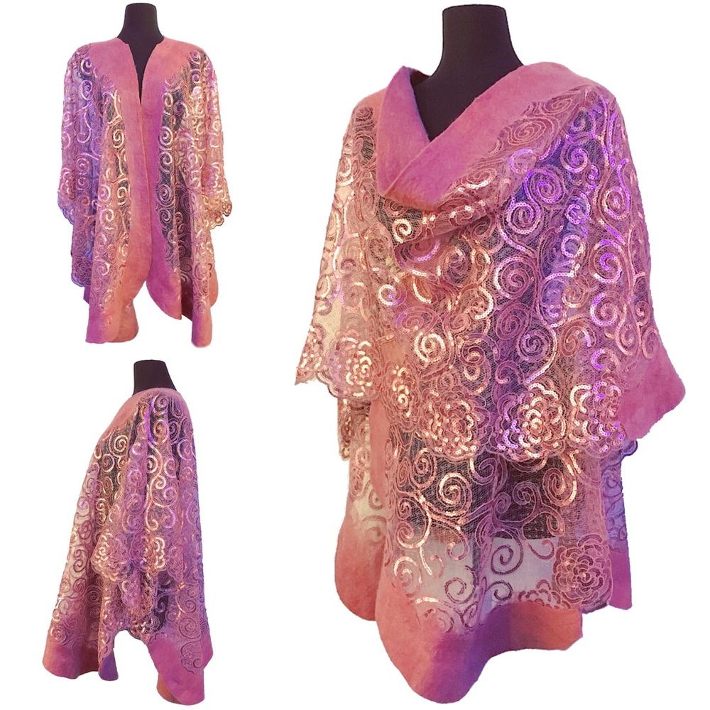 FELTED WOOL and Sequenced Fabric in Pink Color Shawl/Wrap Handmade Great Gift-OS